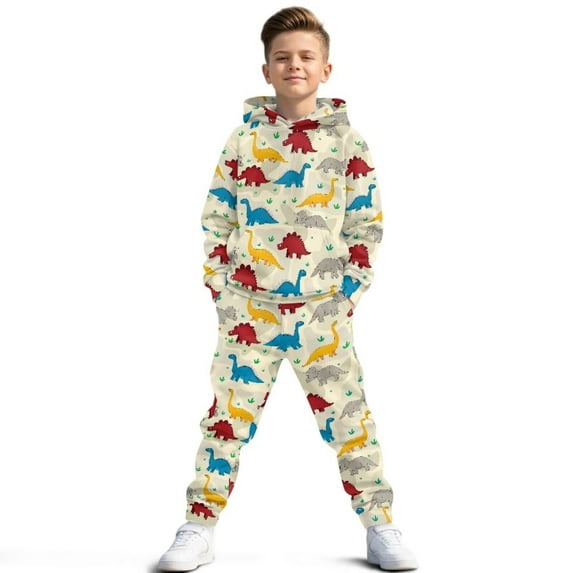 Uorisanigo Girls Boys Sweatsuit Set Oversized Colorful Cartoon Dinosaur Pullover Sweatshirt Cargo Sweatpants Sweatsuit Pack of 2, Long Sleeve Hoodie and Pants Outfits
