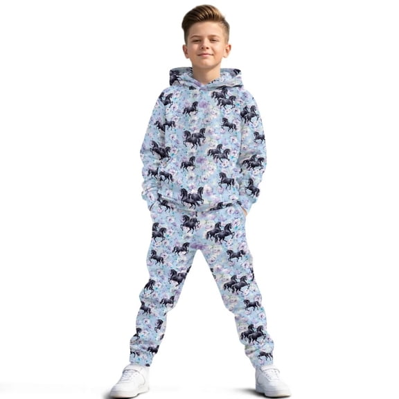 Uorisanigo Girls Boys Sweatsuit Set - Oversized Floral Horse Blue Print Pullover Hoodie and Sweatpants 2PCS Set Long Sleeve Sweatshirt Pants for Kids Fall Winter Outfits