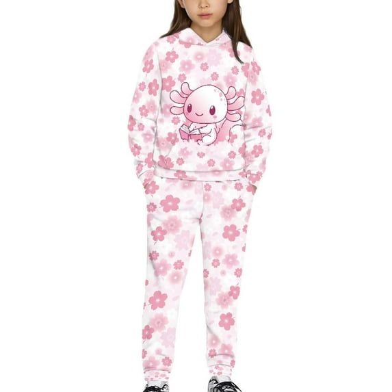 Uorisanigo Girls Boys Sweatsuit Set - Oversized Long Sleeve Cute Axolotl Cherry Blossom Pullover Hoodie & Athletic Jogger Sweatpants for Kids Fall Winter Outfits 2PCS Set