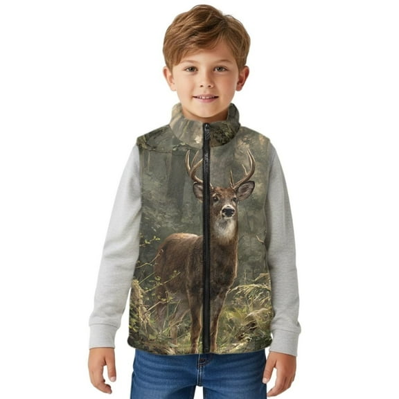 Uorisanigo Girls Boys Zippered Vest Puffy Camo Deer Hunting Fleece Jacket Fall Winter Trendy Sleeveless Full Zipper Outwear with Pockets Lightweight Stand Up Collar Vest Age 2-12