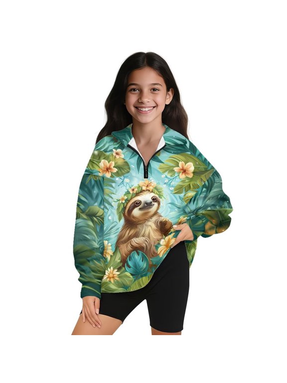 Girls Half Zip Collar Sweatshirts Boho Floral Sloth Long Sleeve Lapel Zipper Sweatshirt Casual Essentials Pullover Jackets for Vacation Shopping Exercise Wear Size 5-6