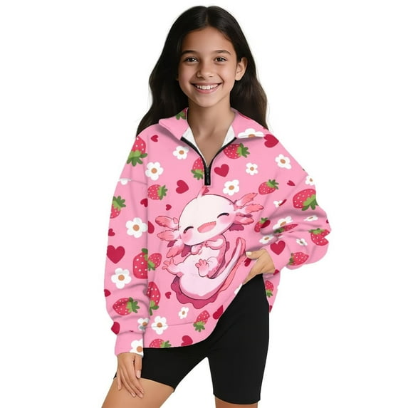 Uorisanigo Girls Half Zip Collar Sweatshirts Fall Fashion Long Sleeve Pullover Crop Tops Oversized Cute Axolotl Pink Athletic Sweaters Pullover Jackets for Vacation Shopping Exercise Wear