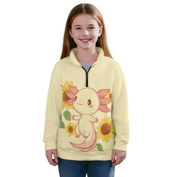 Uorisanigo Girls Half Zip Collar Sweatshirts Fall Trendy Sunflower Axolotl Long Sleeve Zipper Sweatshirt Oversized Kids Cropped Pullover Hoodies Drop Shoulder Jacket Outerwear
