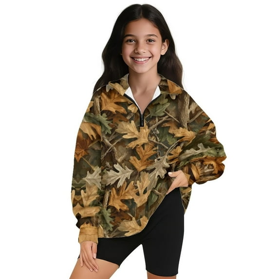 Uorisanigo Girls Half Zip Collar Sweatshirts Loose Long Sleeve Pullover Crop Tops Oversized Camouflage Hunting Print Athletic Sweaters Pullover Jackets for Vacation Shopping Exercise Wear