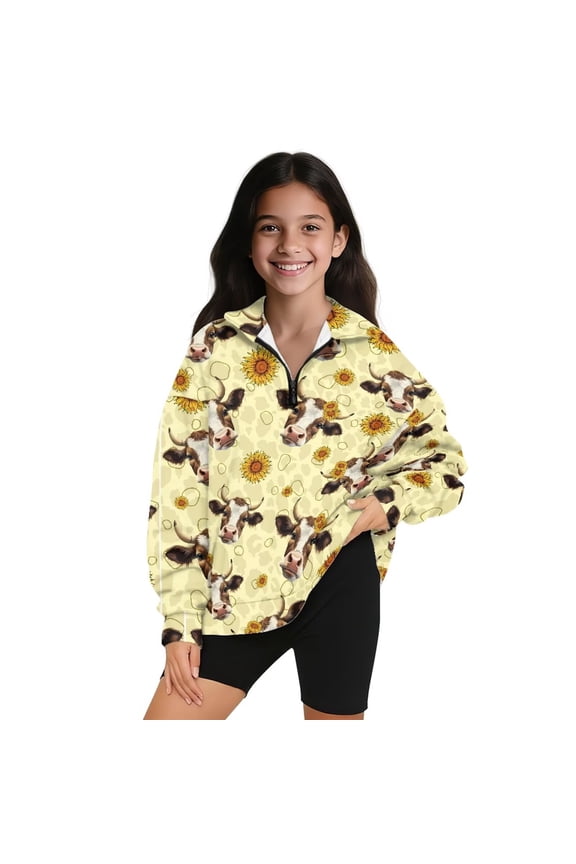 Girls Half Zip Collar Sweatshirts Oversized Long Sleeve Pullover Jackets Sunflower Cow Teen Girl Quarter Zipper Pullover Shirts Fashion Fall Winter Clothes Athletic Outerwear