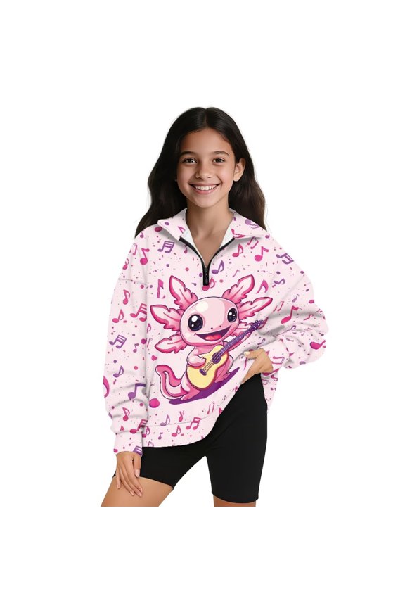 Girls Half Zip Collar Sweatshirts Oversized Musical Axolotl Pink Half Zipper Crop Tops Long Sleeve Cropped Pullover Hoodies for Teen Girl Fashion Fall Winter Clothing