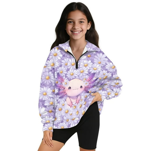 Uorisanigo Girls Half Zip Collar Sweatshirts Purple Axolotl Oversized Athletic Shirts Top Casual Long Sleeve Pullover Crop Tops Pullover Sweaters for Vacation Shopping Exercise Wear
