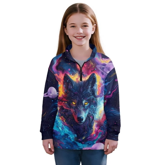 Uorisanigo Girls Half Zip Collar Sweatshirts Soft School Galaxy Wolf Quarter Zipper Cropped Sweatshirt Oversized Long Sleeve Pullover Jackets for Teen Girls Winter Clothes