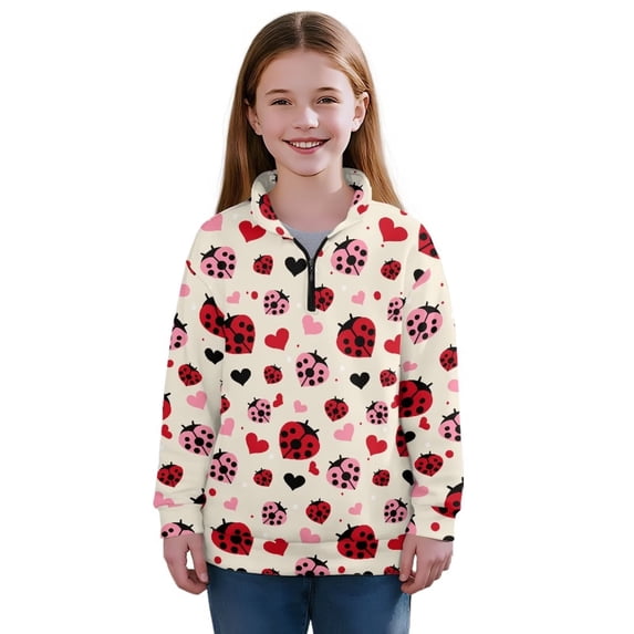 Uorisanigo Girls Half Zip Collar Sweatshirts Soft School Heart Ladybug Quarter Zipper Cropped Sweatshirt Oversized Long Sleeve Workout Shirts Fit Vacation Shopping Exercise Wear