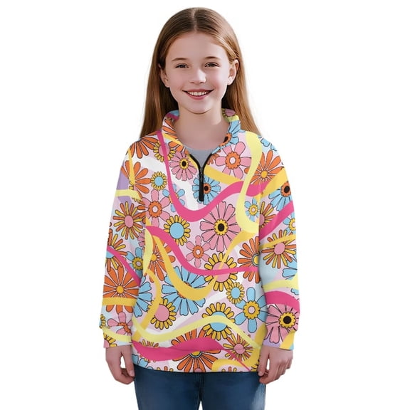 Uorisanigo Girls Half Zip Cropped Pullover Sweatshirt Retro 70s Flower Power Long Sleeve Pullover Top Oversized Sweatshirts for Kids Drop Shoulder Jackets Hoodies Fall Clothes