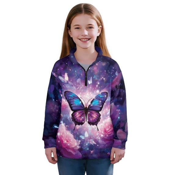 Uorisanigo Girls Half Zip Pullover Sweatshirt Fall Fashion Purple Butterfly Long Sleeve Pullover Shirts Top Oversized Quarter Zipper Cropped Sweatshirt for Sports and Daily Wear