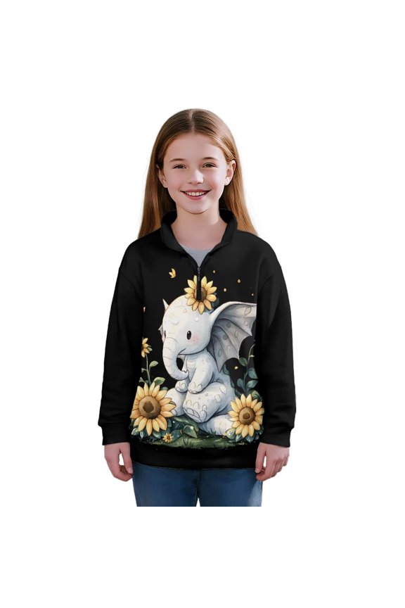 Girls Half Zip Pullover Sweatshirt Fall Trendy Sunflower Elephant Long Sleeve Lapel Zipper Sweatshirt Oversized Drop Shoulder Pullover Top for Vacation Shopping Exercise Wear