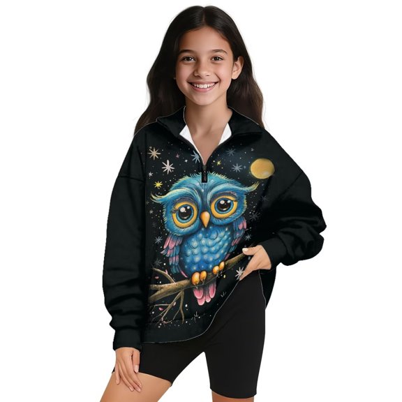 Uorisanigo Girls Half Zip Pullover Sweatshirt Oversized Cute Cartoon Owl Quarter Zip Up Hoodie Jacket Pullover Tops Soft Lightweight Long Sleeve Lapel Zipper Sweatshirt