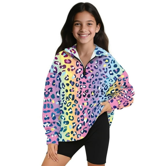 Uorisanigo Girls Half Zip Pullover Sweatshirt Oversized Long Sleeve Pullover Top for Vacation Shopping Exercise Wear, Lightweight Rainbow Cheetah Leopard Print Quarter Zipper Hoodies