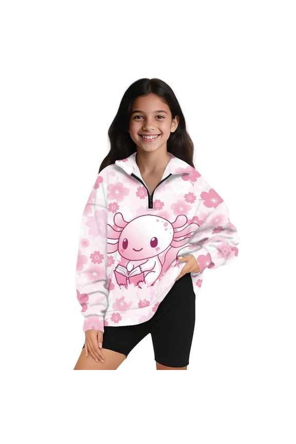 Girls Half Zip Pullover Sweatshirt Oversized Pink Axolotl Quarter Zipper Cropped Sweatshirt School Long Sleeve Pullover Tops Hoodies Fall Spring Outfits Clothes