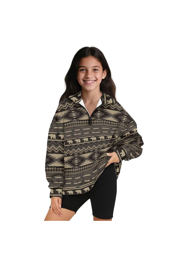 Girls Half Zip Pullover Sweatshirt Oversized Southwestern Aztec Tribal Long Sleeve Pullover Top Outerwear No Hood Fashion Drop Shoulder Jackets Hoodies Fall Clothes