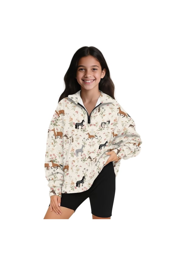 Girls Half Zip Pullover Sweatshirt Oversized Sweatshirts Casual Western Horse Long Sleeve Pullover Top Kids Quarter Zipper Hoodies No Hood for Fall Winter Spring