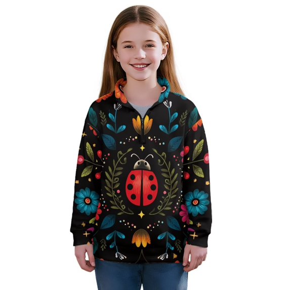 Uorisanigo Girls Half Zip Pullover Sweatshirt Oversized Sweatshirts Floral Ladybug Long Sleeve Sweaters Athletic Tops Quarter Zipper Cropped Sweatshirt Fashion Fall Winter Clothes