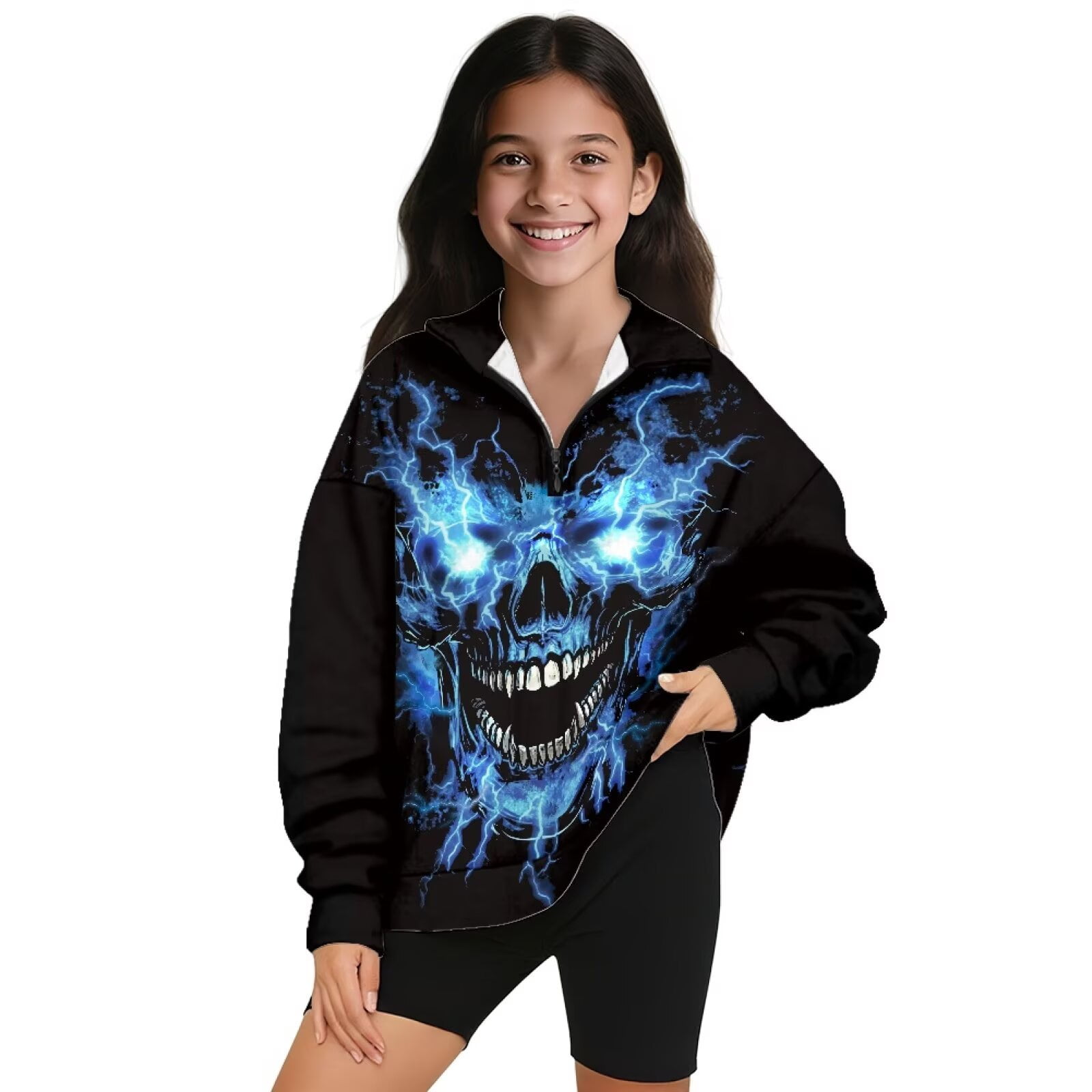 Uorisanigo Girls Half Zip Pullover Sweatshirt Oversized Sweatshirts Loose Blue Lightning Skull Long Sleeve Sweaters Pullover Tops Jackets Fall Trendy Winter Clothes Athletic Top Size 5-6