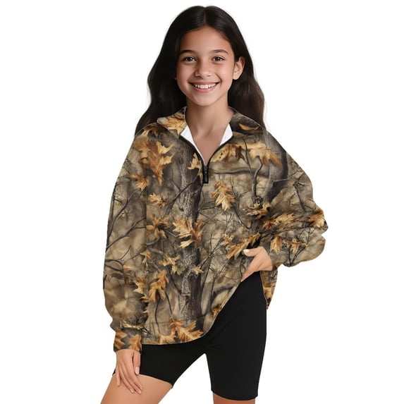 Uorisanigo Girls Half Zip Pullover Sweatshirt Soft Lightweight Camo Hunting Print Long Sleeve Lapel Zipper Sweatshirt Size 9-10 Oversized Workout Shirts Athletic Tops Fall Trendy Clothes