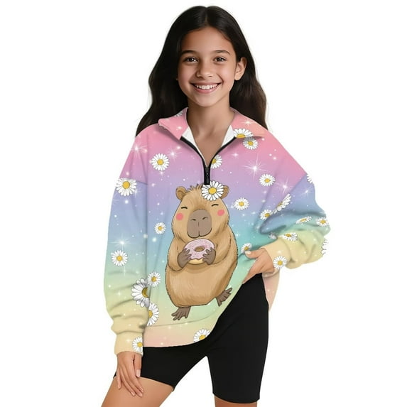 Uorisanigo Girls Half Zip Pullover Sweatshirt Soft Lightweight Rainbow Daisy Capybara Half Zipper Crop Tops Size 9-10 Long Sleeve Lapel Zipper Sweatshirt Oversized Workout Shirts