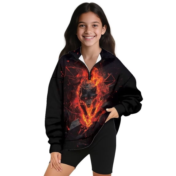 Uorisanigo Girls Half Zip Sweatshirt Fall Fashion Outfits Clothes Flame Wolf Long Sleeve Cropped Pullover Hoodies Lightweight Pullover Jackets Athletic Tops for Sports and Daily Wear