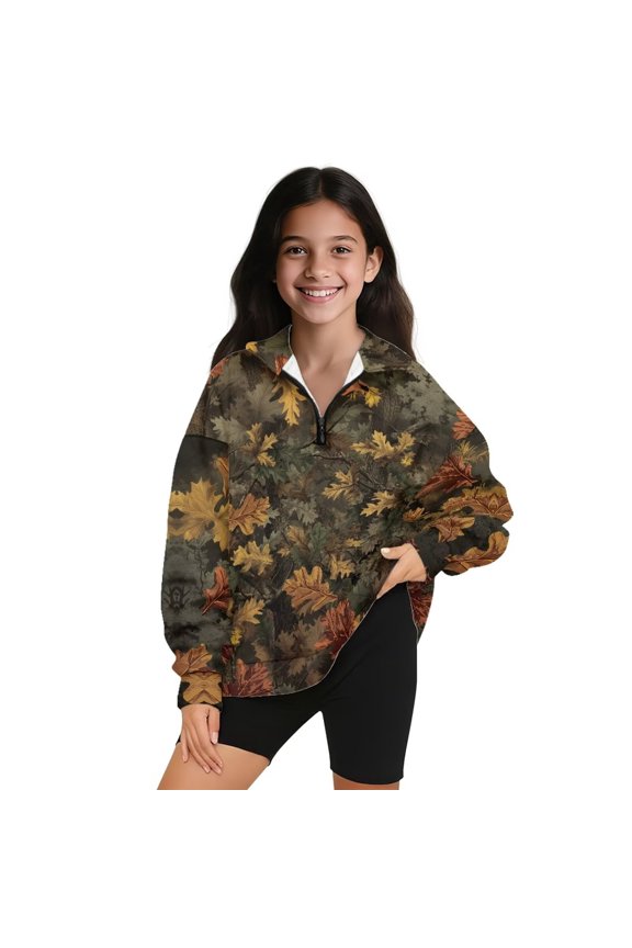 Girls Half Zip Sweatshirt Fall Fashion Outfits Clothes Half Zipper Crop Tops Drop Shoulder Forest Hunting Camouflage Long Sleeve Pullover Jackets for Sports and Daily Wear