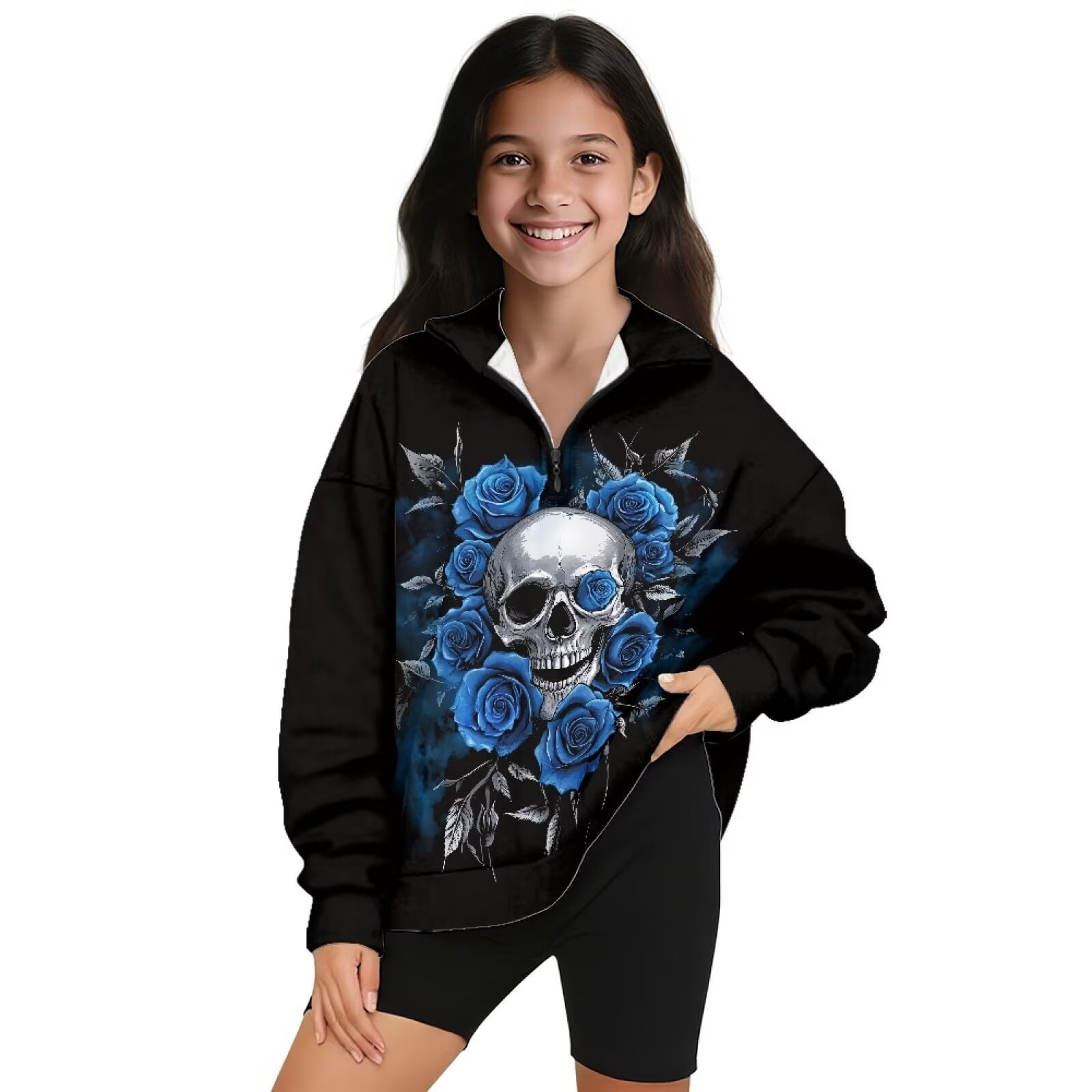 Uorisanigo Girls Half Zip Sweatshirt Fashion Blue Rose Skull Long Sleeve Pullover Top Fall Spring Outfits Clothes Oversized Quarter Zipper Cropped Sweatshirt for Sports and Daily Wear
