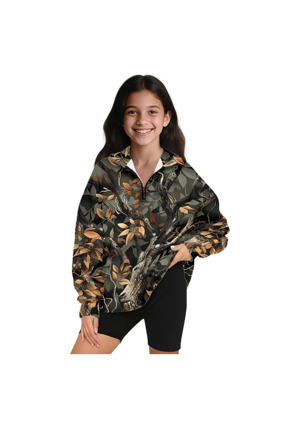 Girls Half Zip Sweatshirt Fashion Camo Hunting Print Quarter-Zip Pullover Jacket Oversized Sweatshirts Long Sleeve Pullover Top Drop Shoulder Workout Shirts Winter Clothes