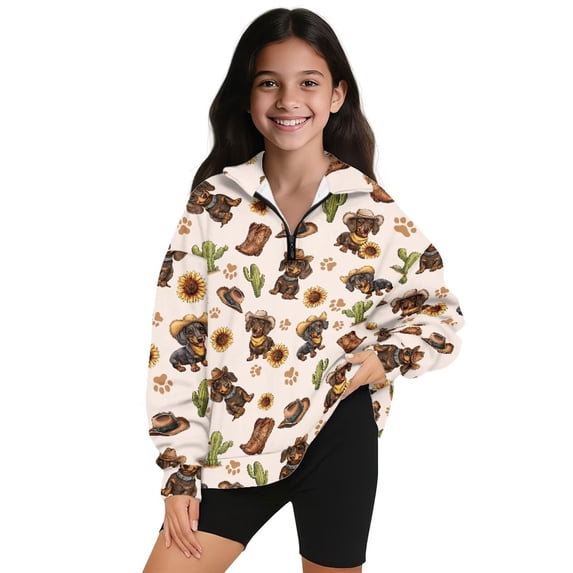 Uorisanigo Girls Half Zip Sweatshirt Kids Long Sleeve Lapel Zipper Sweatshirt Soft and Comfortable Cactus Cowboy Dachshund Pullover Top Jackets Athletic Outerwear Fall Trendy, Size 13-14