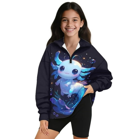 Uorisanigo Girls Half Zip Sweatshirt Kids Long Sleeve Pullover Top Soft and Comfortable Blue Galaxy Axolotl Quarter Zipper Cropped Sweatshirt Lightweight Hoodies No Hood, Size 7-8