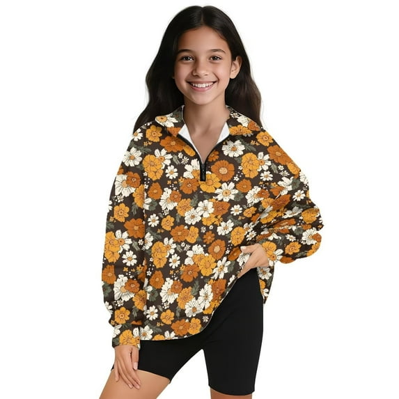 Uorisanigo Girls Half Zip Sweatshirt with Long Sleeve, Oversized Hippie Flowers Sweatshirts for Teen Girl, Fall Fashion Drop Shoulder Pullover Top Jackets Athletic Outerwear