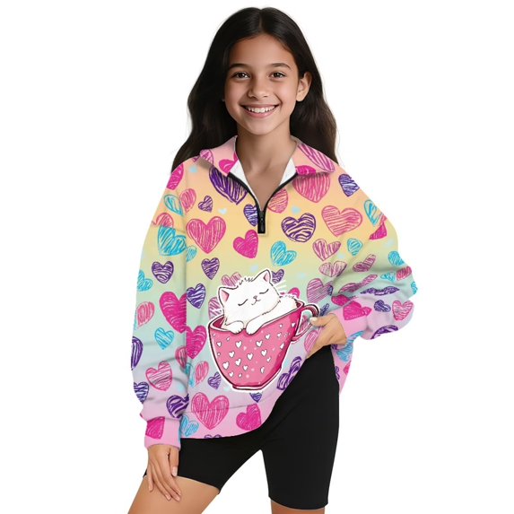 Uorisanigo Girls Half Zip Sweatshirt Oversized Long Sleeve Zipper Sweatshirt School Drop Shoulder Cute Teacup Cat Heart Athletic Tops Outerwear Fall Clothes Quarter-Zip Pullover Jacket
