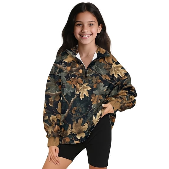Uorisanigo Girls Half Zip Sweatshirt Oversized Long Sleeve Zipper Sweatshirt School Drop Shoulder Dead Branch Leaf Print Athletic Tops Outerwear Fall Clothes Quarter-Zip Pullover Jacket