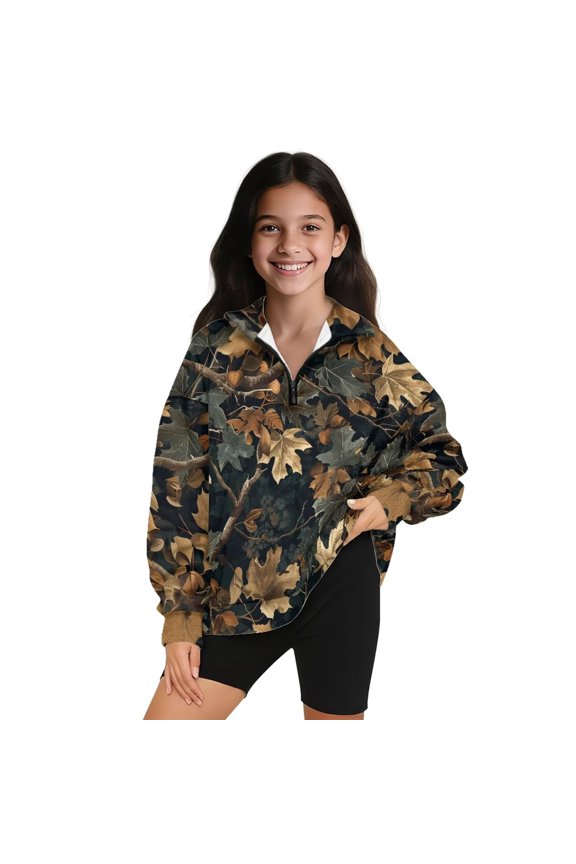 Girls Half Zip Sweatshirt Oversized Long Sleeve Zipper Sweatshirt School Drop Shoulder Dead Branch Leaf Print Athletic Tops Outerwear Fall Clothes Quarter-Zip Pullover Jacket