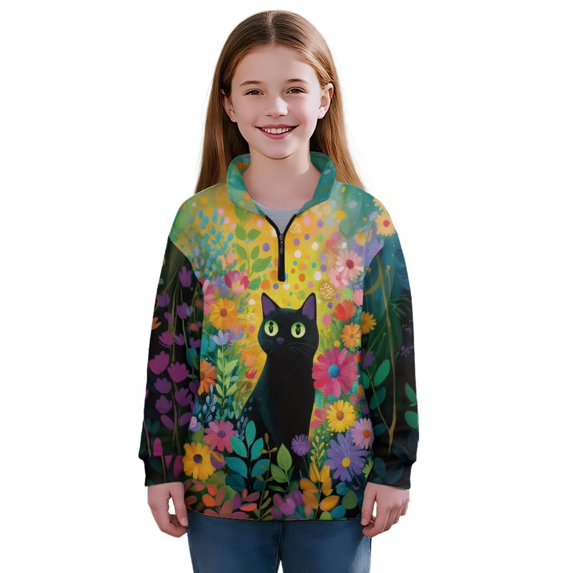 Uorisanigo Girls Half Zip Sweatshirt Oversized School Drop Shoulder Pullover Top Fall Fashion Outfits Clothes Floral Black Cat Long Sleeve Workout Shirts Quarter-Zip Pullover Jacket