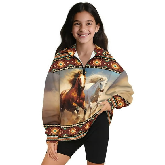 Uorisanigo Girls Half Zip Sweatshirt Quarter Zipper Cropped Sweatshirt Soft and Comfortable Athletic Pullover Tops Lightweight Western Horse Aztec Hoodies No Hood, Size 13-14