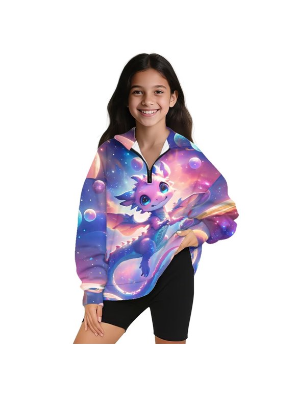 Girls Half Zip Sweatshirt Universe Dragon Quarter Zipper Cropped Sweatshirt Soft and Comfortable Athletic Pullover Tops Lightweight Hoodies No Hood, Size 5-6