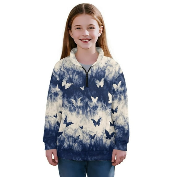 Uorisanigo Girls Half Zipper Sweatshirts Oversized Quarter Zip Pullover Sweatshirts with Long Sleeve Size 5-14 Drop Shoulder Blue Tie-Dye Butterfly Athletic Tops Hoodies Outerwear Trendy Clothes