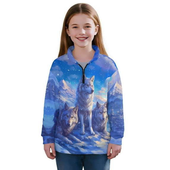 Uorisanigo Girls Half Zipper Sweatshirts Oversized Snow Wolf Blue Long Sleeve Lapel Zipper Sweatshirts Drop Shoulder Cropped Pullover Hoodies for Teen Girl Athletic Outerwear
