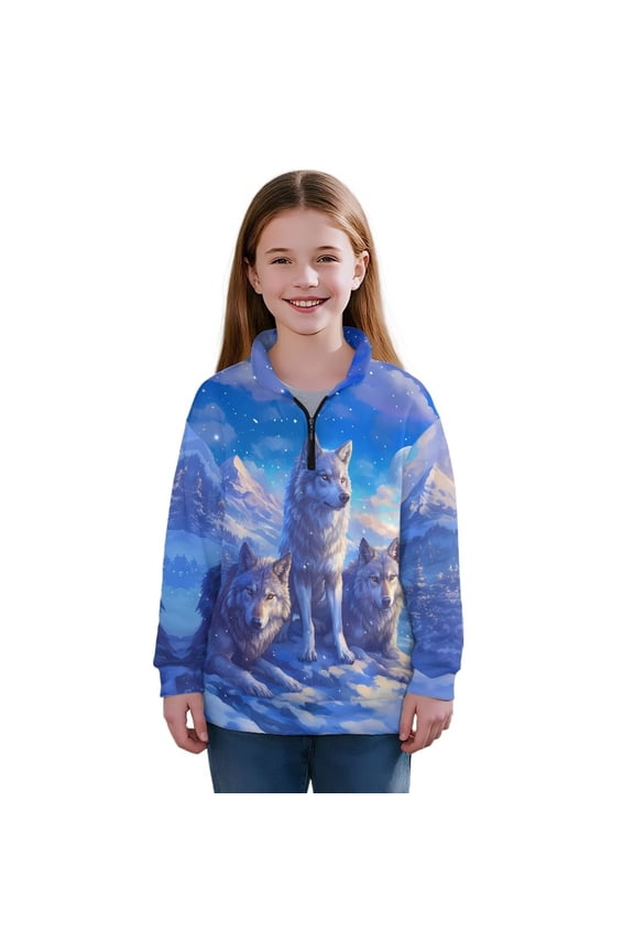 Girls Half Zipper Sweatshirts Oversized Snow Wolf Blue Long Sleeve Lapel Zipper Sweatshirts Drop Shoulder Cropped Pullover Hoodies for Teen Girl Athletic Outerwear