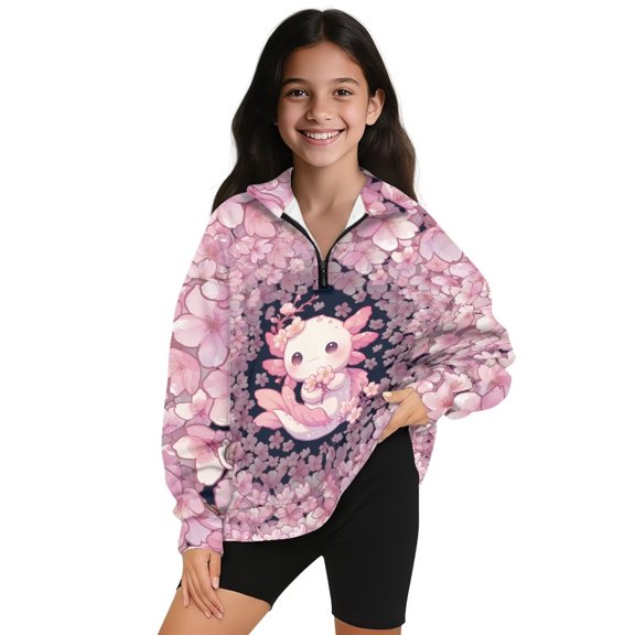 Uorisanigo Girls Half Zipper Sweatshirts Trendy Clothes Long Sleeve Pullover Top Oversized Cherry Blossom Axolotl Quarter Zipper Hoodies Jackets Outerwear Fall Clothes Essentials