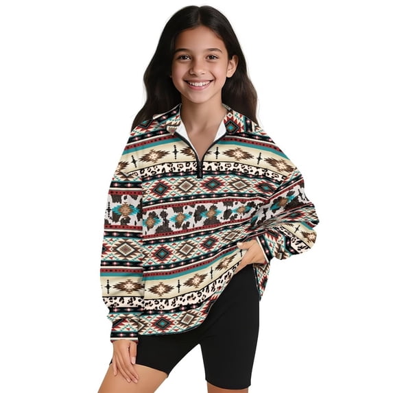 Uorisanigo Girls Hoodies Sweatshirts Oversized Aztec African Tribal Half Zipper Sweatshirts Comfortable Long Sleeve Pullover Crop Tops for Vacation Shopping Exercise Wear