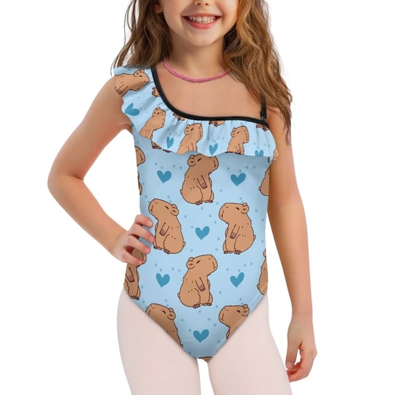 Uorisanigo Girls One Piece Swimsuits Capybara Blue Heart Swimwear Bathing Suit Size 13-14 Ruffle Single Spaghetti Strap Sport Summer Beach Swimwear