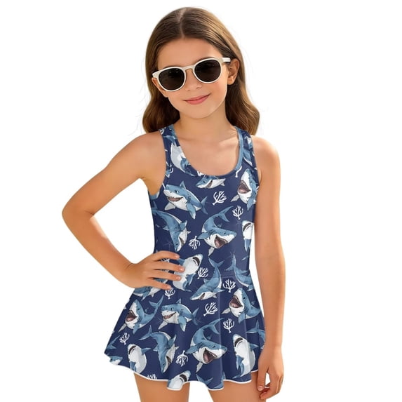 Uorisanigo Girls One Piece Swimsuits Sleeveless Size 5-6 Modest Summer Beach Vacation Swim Dress Sleeveless Skirted Bathing Suit, Blue Shark