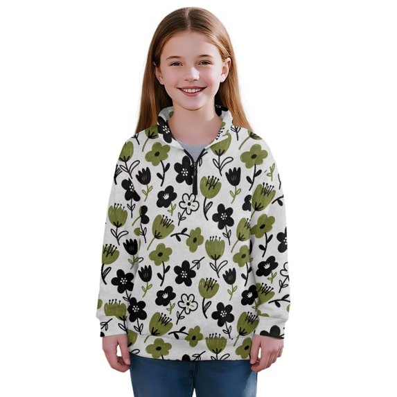 Uorisanigo Girls Oversized Sweatshirts Fall Clothes Long Sleeve Lapel Zipper Sweatshirt Loose Simple Flowers Print Quarter Zipper Pullover Jackets for Teen Girl School Athletic Tops