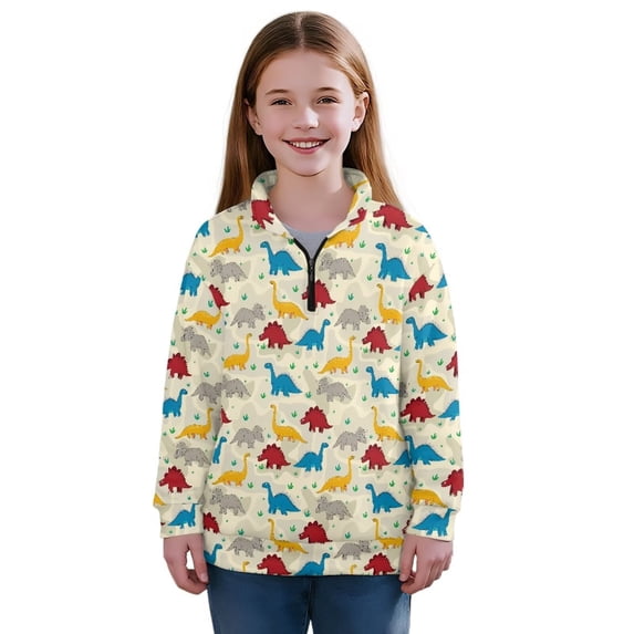 Uorisanigo Girls Oversized Sweatshirts Half Zip Pullover Sweatshirt Casual Colorful Cartoon Dinosaur Long Sleeve Zipper Sweatshirts Athletic Pullover Jackets Fall Spring Outfits Clothes