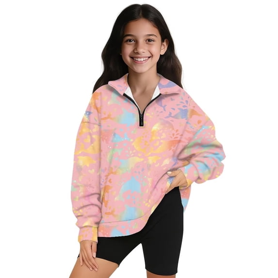 Uorisanigo Girls Oversized Sweatshirts Half Zip Pullover Sweatshirt Casual Gradient Dolphin Long Sleeve Pullover Top Fall Winter Clothes Quarter Zip Hoodies No Hood Athletic Tops