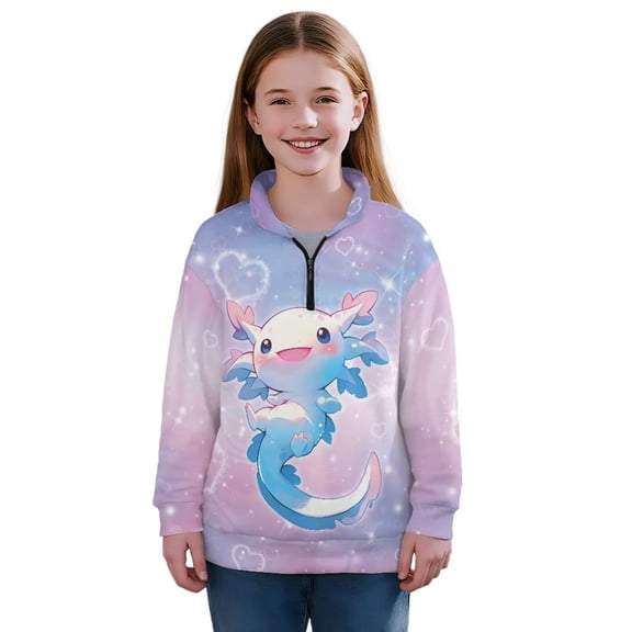 Uorisanigo Girls Oversized Sweatshirts Long Sleeve Half Zip Pullover Sweatshirt Lightweight Cute Blue Axolotl Quarter Zipper Cropped Sweatshirt for Teen Girl School Pullover Jackets