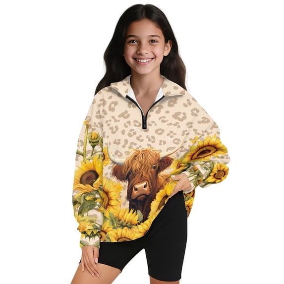 Uorisanigo Girls Oversized Sweatshirts Long Sleeve Pullover Top Fashion Quarter Zipper Pullover Jackets for Teen Girl Lightweight School Highland Cow Leopard Print Athletic Tops Fall Clothes